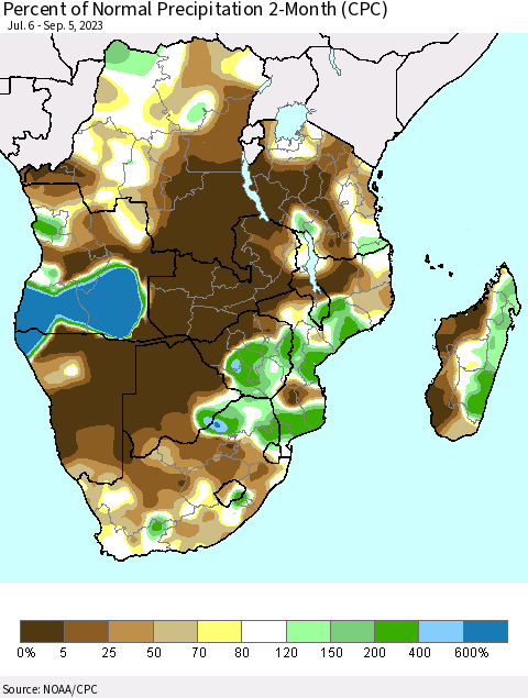Southern Africa Percent of Normal Precipitation 2-Month (CPC) Thematic Map For 7/6/2023 - 9/5/2023