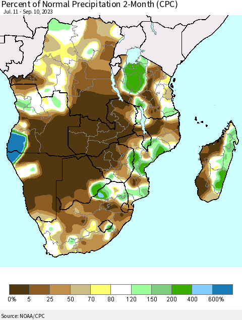 Southern Africa Percent of Normal Precipitation 2-Month (CPC) Thematic Map For 7/11/2023 - 9/10/2023