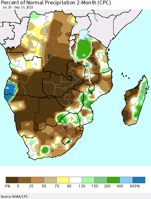 Southern Africa Percent of Normal Precipitation 2-Month (CPC) Thematic Map For 7/16/2023 - 9/15/2023