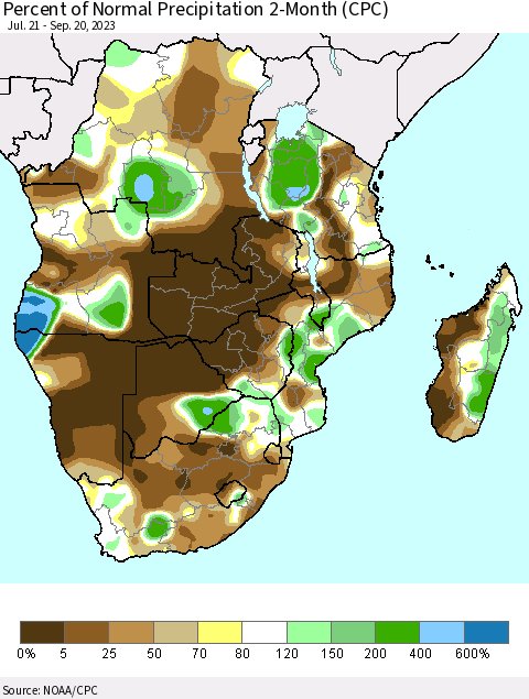 Southern Africa Percent of Normal Precipitation 2-Month (CPC) Thematic Map For 7/21/2023 - 9/20/2023