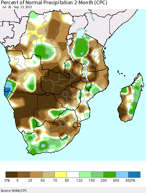 Southern Africa Percent of Normal Precipitation 2-Month (CPC) Thematic Map For 7/26/2023 - 9/25/2023