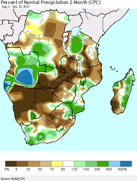 Southern Africa Percent of Normal Precipitation 2-Month (CPC) Thematic Map For 8/1/2023 - 9/30/2023