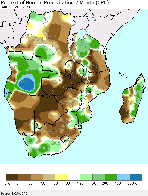 Southern Africa Percent of Normal Precipitation 2-Month (CPC) Thematic Map For 8/6/2023 - 10/5/2023