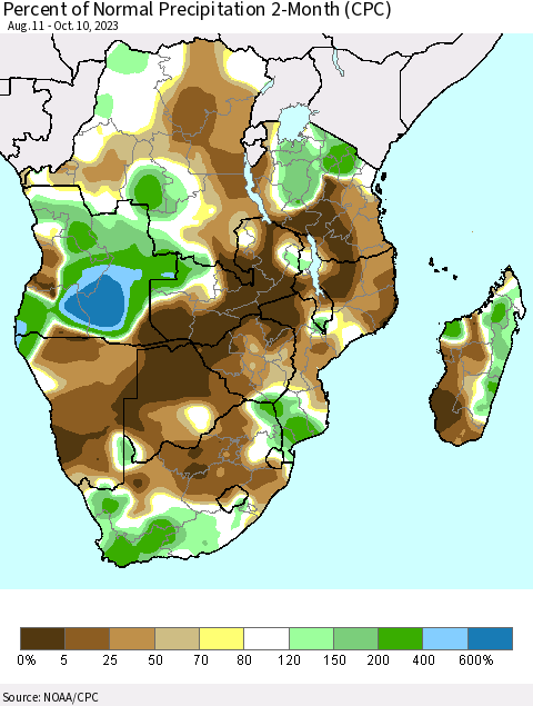 Southern Africa Percent of Normal Precipitation 2-Month (CPC) Thematic Map For 8/11/2023 - 10/10/2023