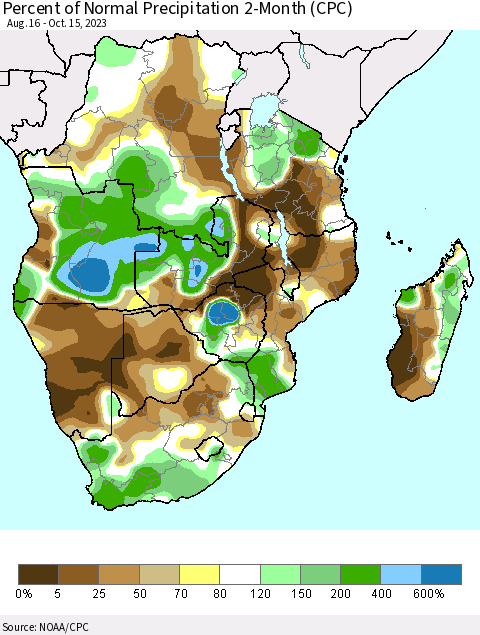 Southern Africa Percent of Normal Precipitation 2-Month (CPC) Thematic Map For 8/16/2023 - 10/15/2023