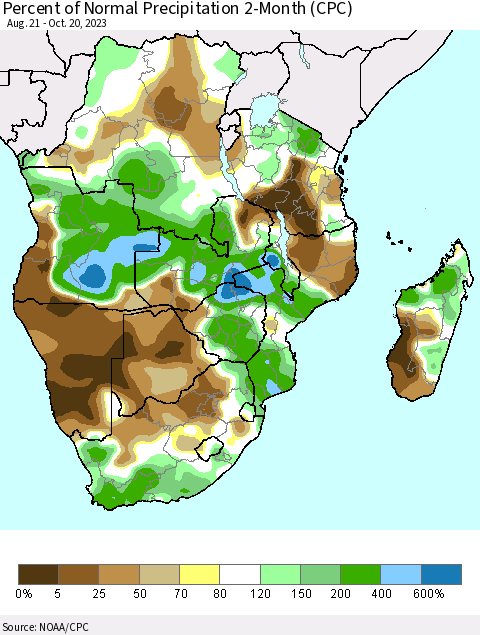 Southern Africa Percent of Normal Precipitation 2-Month (CPC) Thematic Map For 8/21/2023 - 10/20/2023