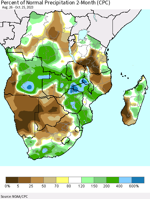 Southern Africa Percent of Normal Precipitation 2-Month (CPC) Thematic Map For 8/26/2023 - 10/25/2023