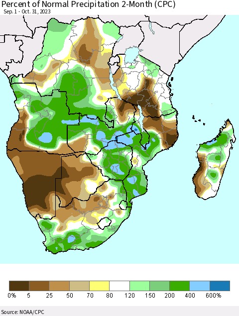 Southern Africa Percent of Normal Precipitation 2-Month (CPC) Thematic Map For 9/1/2023 - 10/31/2023