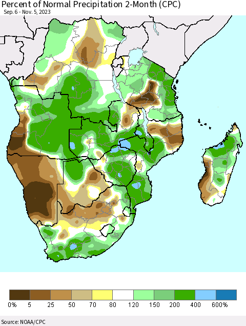 Southern Africa Percent of Normal Precipitation 2-Month (CPC) Thematic Map For 9/6/2023 - 11/5/2023