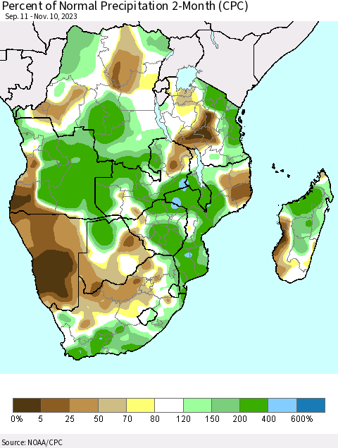 Southern Africa Percent of Normal Precipitation 2-Month (CPC) Thematic Map For 9/11/2023 - 11/10/2023
