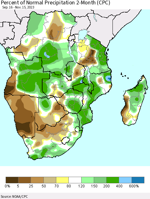 Southern Africa Percent of Normal Precipitation 2-Month (CPC) Thematic Map For 9/16/2023 - 11/15/2023