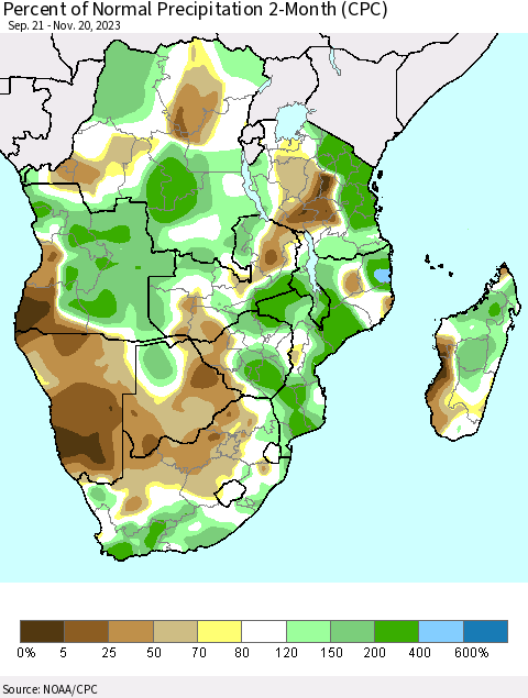 Southern Africa Percent of Normal Precipitation 2-Month (CPC) Thematic Map For 9/21/2023 - 11/20/2023