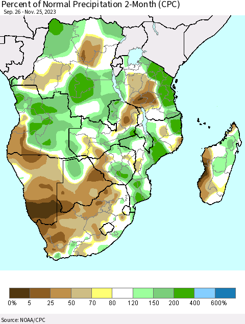 Southern Africa Percent of Normal Precipitation 2-Month (CPC) Thematic Map For 9/26/2023 - 11/25/2023