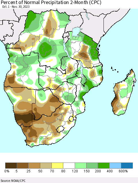 Southern Africa Percent of Normal Precipitation 2-Month (CPC) Thematic Map For 10/1/2023 - 11/30/2023