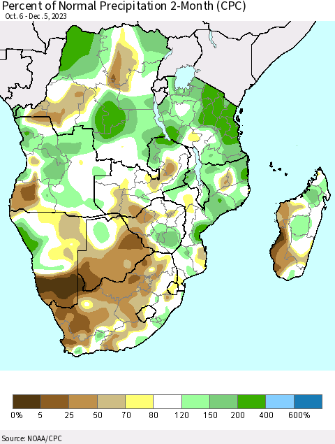 Southern Africa Percent of Normal Precipitation 2-Month (CPC) Thematic Map For 10/6/2023 - 12/5/2023