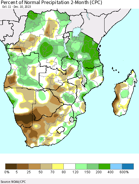 Southern Africa Percent of Normal Precipitation 2-Month (CPC) Thematic Map For 10/11/2023 - 12/10/2023
