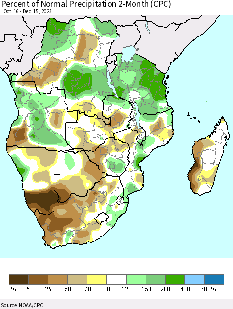 Southern Africa Percent of Normal Precipitation 2-Month (CPC) Thematic Map For 10/16/2023 - 12/15/2023