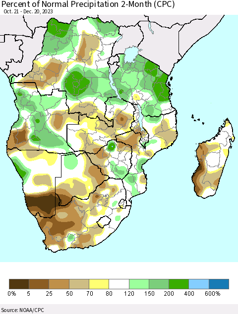 Southern Africa Percent of Normal Precipitation 2-Month (CPC) Thematic Map For 10/21/2023 - 12/20/2023