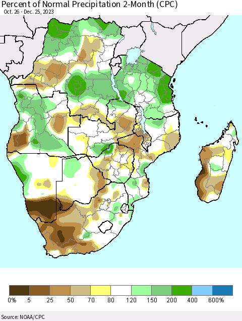 Southern Africa Percent of Normal Precipitation 2-Month (CPC) Thematic Map For 10/26/2023 - 12/25/2023
