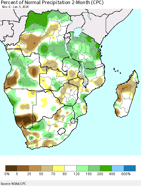 Southern Africa Percent of Normal Precipitation 2-Month (CPC) Thematic Map For 11/6/2023 - 1/5/2024