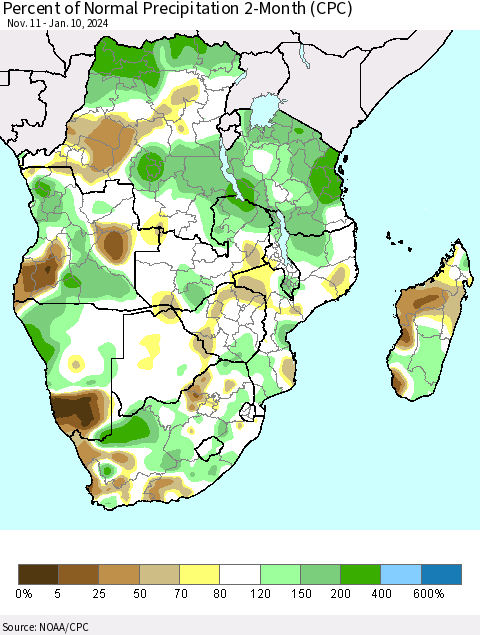 Southern Africa Percent of Normal Precipitation 2-Month (CPC) Thematic Map For 11/11/2023 - 1/10/2024