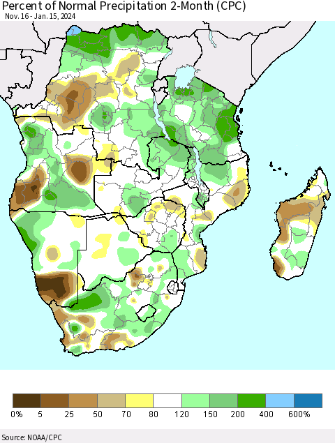 Southern Africa Percent of Normal Precipitation 2-Month (CPC) Thematic Map For 11/16/2023 - 1/15/2024