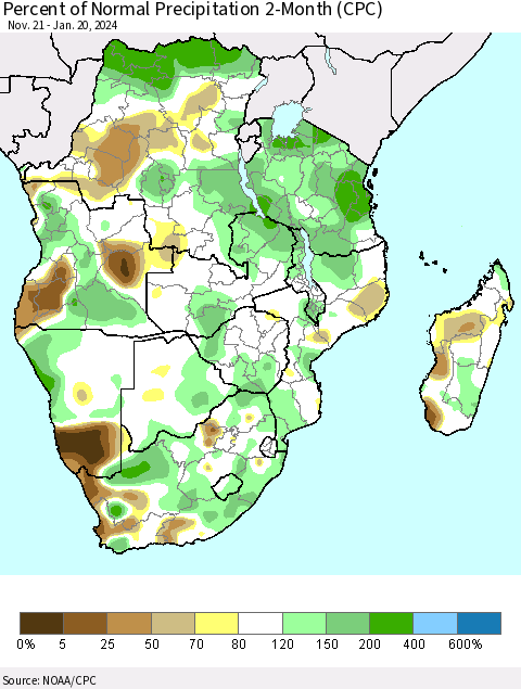 Southern Africa Percent of Normal Precipitation 2-Month (CPC) Thematic Map For 11/21/2023 - 1/20/2024