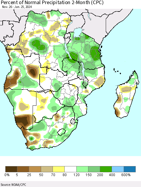 Southern Africa Percent of Normal Precipitation 2-Month (CPC) Thematic Map For 11/26/2023 - 1/25/2024