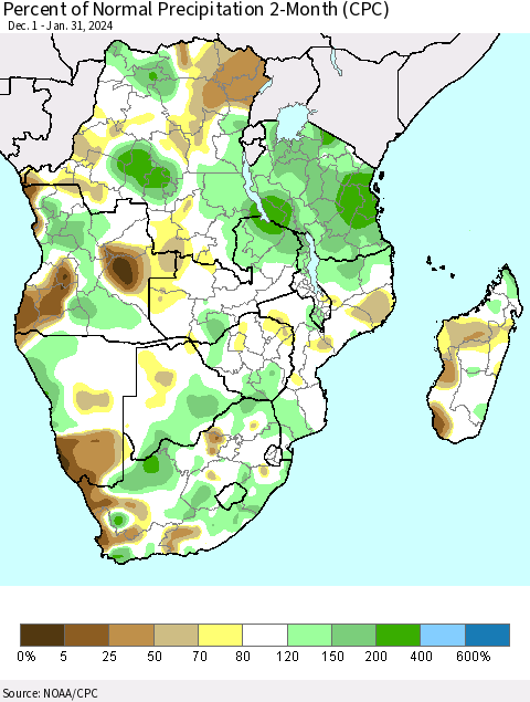 Southern Africa Percent of Normal Precipitation 2-Month (CPC) Thematic Map For 12/1/2023 - 1/31/2024