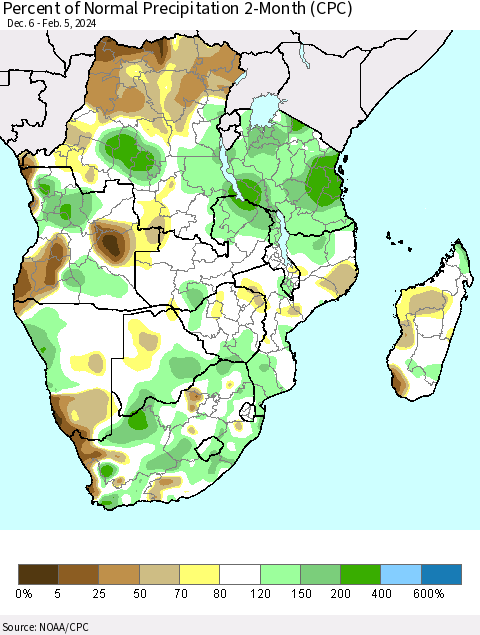 Southern Africa Percent of Normal Precipitation 2-Month (CPC) Thematic Map For 12/6/2023 - 2/5/2024