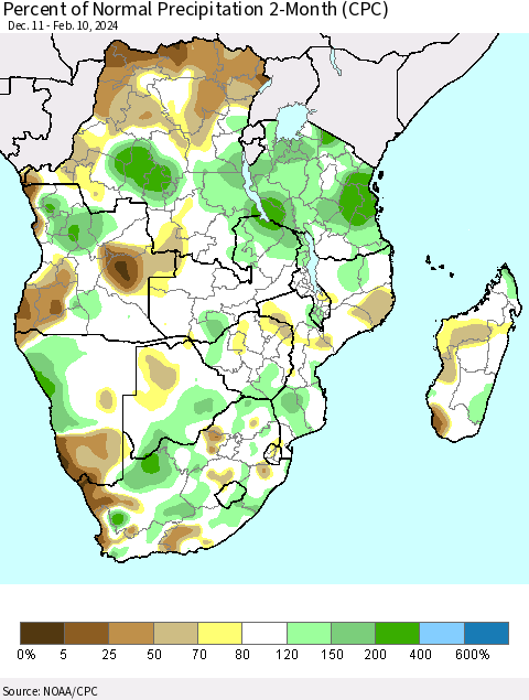 Southern Africa Percent of Normal Precipitation 2-Month (CPC) Thematic Map For 12/11/2023 - 2/10/2024