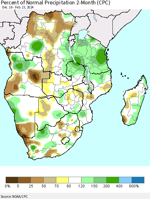 Southern Africa Percent of Normal Precipitation 2-Month (CPC) Thematic Map For 12/16/2023 - 2/15/2024