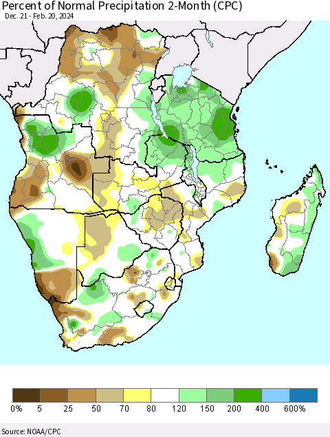 Southern Africa Percent of Normal Precipitation 2-Month (CPC) Thematic Map For 12/21/2023 - 2/20/2024