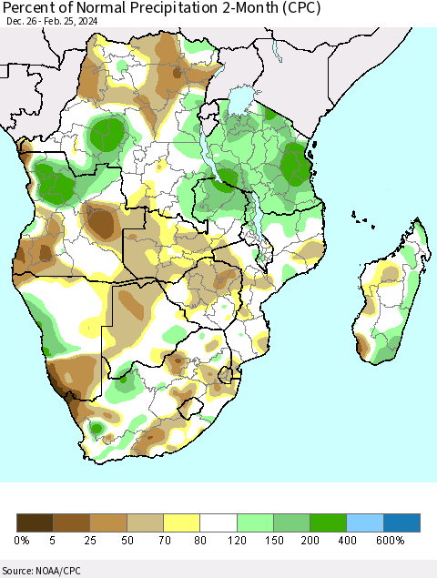 Southern Africa Percent of Normal Precipitation 2-Month (CPC) Thematic Map For 12/26/2023 - 2/25/2024