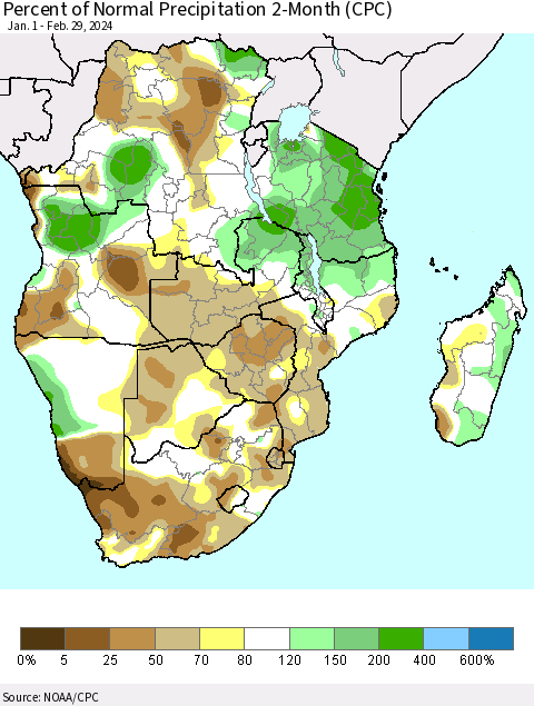 Southern Africa Percent of Normal Precipitation 2-Month (CPC) Thematic Map For 1/1/2024 - 2/29/2024