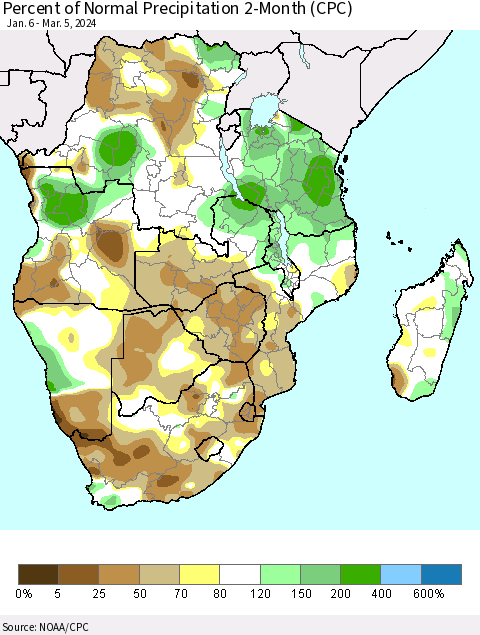 Southern Africa Percent of Normal Precipitation 2-Month (CPC) Thematic Map For 1/6/2024 - 3/5/2024