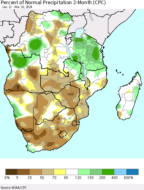 Southern Africa Percent of Normal Precipitation 2-Month (CPC) Thematic Map For 1/11/2024 - 3/10/2024