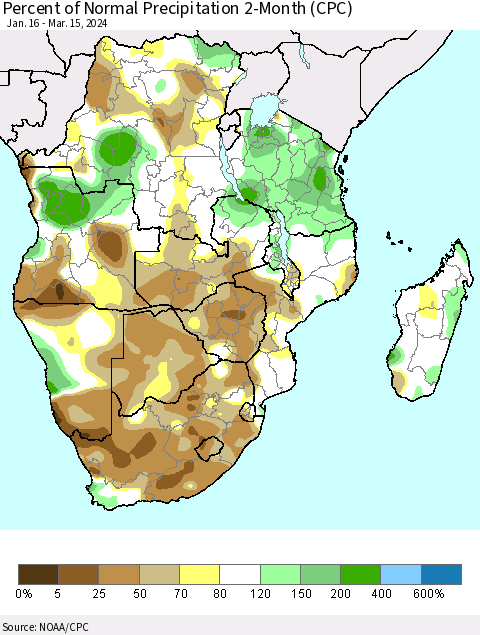 Southern Africa Percent of Normal Precipitation 2-Month (CPC) Thematic Map For 1/16/2024 - 3/15/2024