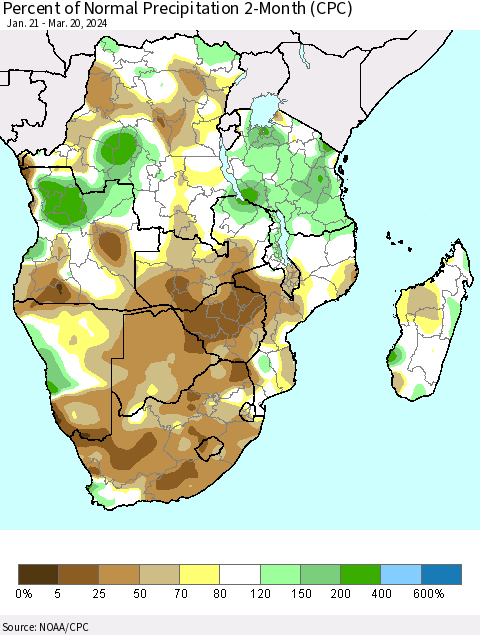 Southern Africa Percent of Normal Precipitation 2-Month (CPC) Thematic Map For 1/21/2024 - 3/20/2024