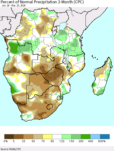 Southern Africa Percent of Normal Precipitation 2-Month (CPC) Thematic Map For 1/26/2024 - 3/25/2024