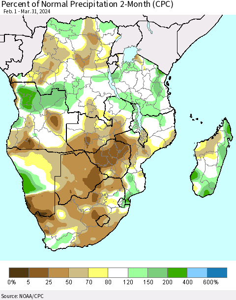 Southern Africa Percent of Normal Precipitation 2-Month (CPC) Thematic Map For 2/1/2024 - 3/31/2024