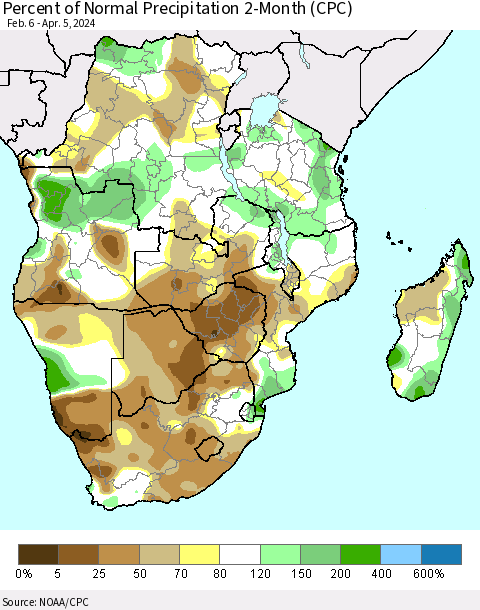 Southern Africa Percent of Normal Precipitation 2-Month (CPC) Thematic Map For 2/6/2024 - 4/5/2024