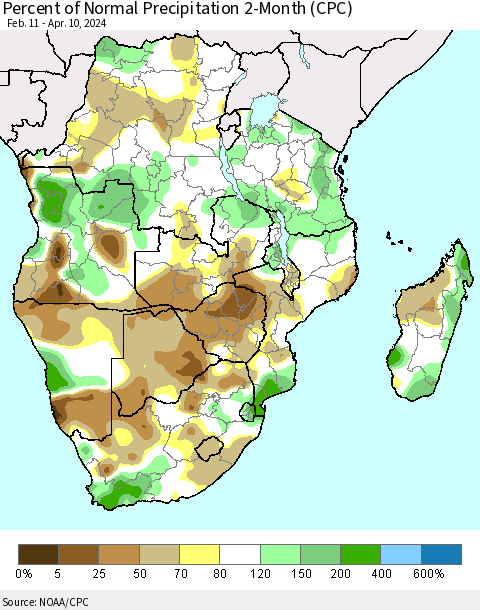 Southern Africa Percent of Normal Precipitation 2-Month (CPC) Thematic Map For 2/11/2024 - 4/10/2024