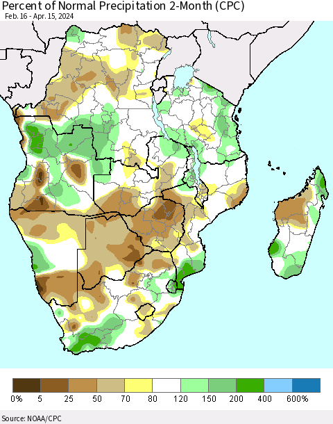 Southern Africa Percent of Normal Precipitation 2-Month (CPC) Thematic Map For 2/16/2024 - 4/15/2024