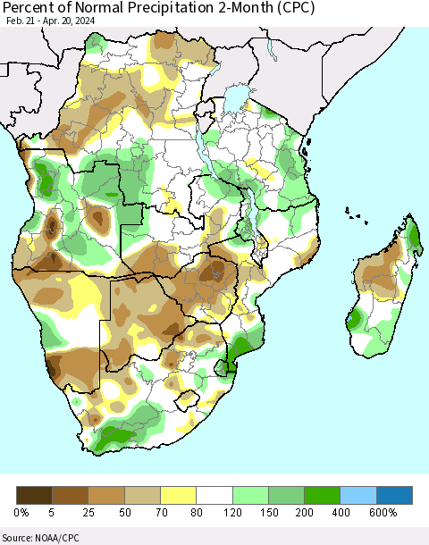 Southern Africa Percent of Normal Precipitation 2-Month (CPC) Thematic Map For 2/21/2024 - 4/20/2024
