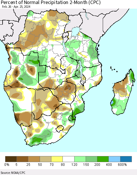 Southern Africa Percent of Normal Precipitation 2-Month (CPC) Thematic Map For 2/26/2024 - 4/25/2024