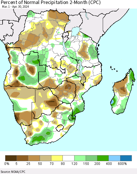 Southern Africa Percent of Normal Precipitation 2-Month (CPC) Thematic Map For 3/1/2024 - 4/30/2024