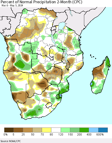 Southern Africa Percent of Normal Precipitation 2-Month (CPC) Thematic Map For 3/6/2024 - 5/5/2024