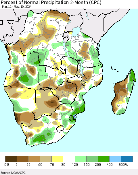 Southern Africa Percent of Normal Precipitation 2-Month (CPC) Thematic Map For 3/11/2024 - 5/10/2024