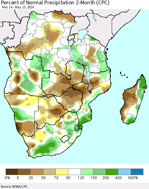 Southern Africa Percent of Normal Precipitation 2-Month (CPC) Thematic Map For 3/16/2024 - 5/15/2024